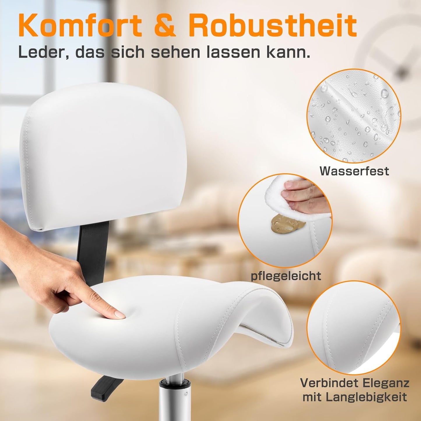 Höhenverstellbarer Sattelhocker mit Lehne, Weiss