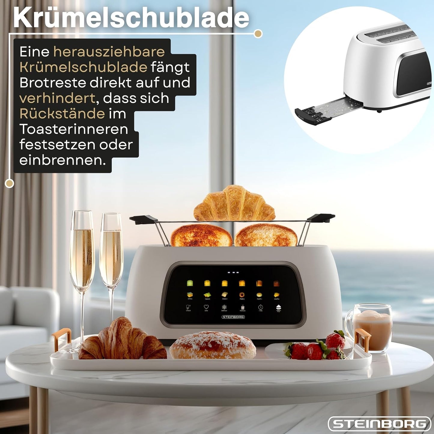 Automatik Toaster mit Brötchenaufsatz und Liftfunktion, Weiss