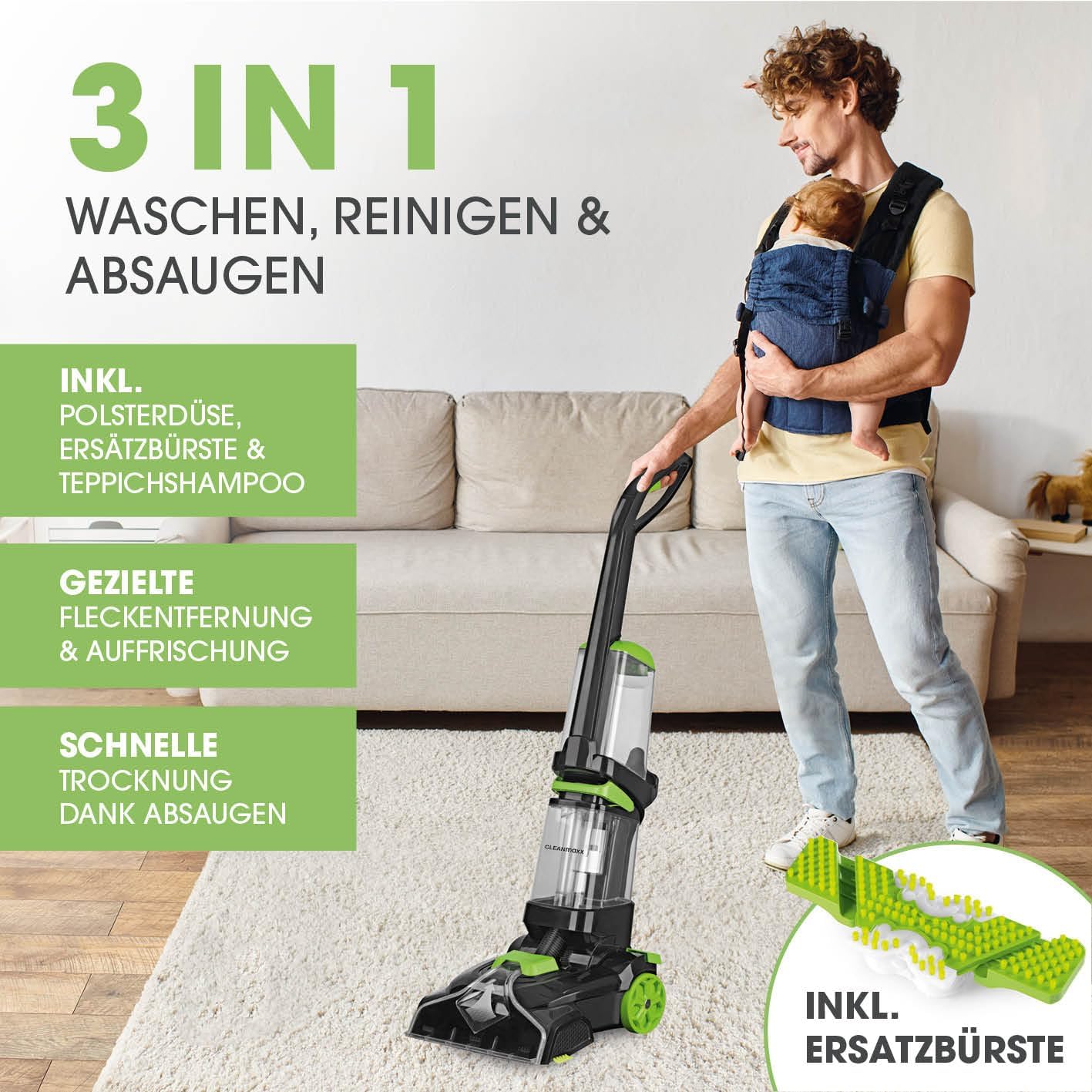 Teppich- & Hartbodenreiniger Pro, FloorClean + Polsterdüse & Shampoo