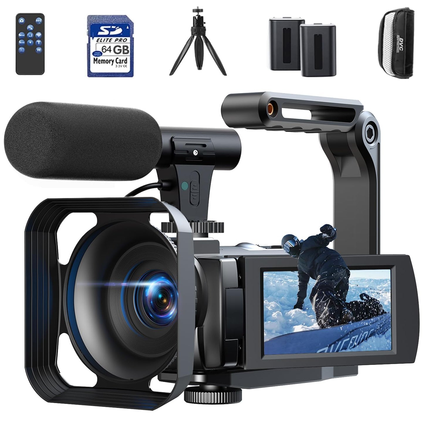 AC12C Videokamera Camcorder 5K mit Nachtsicht, Fernbedienung, Mikrofon und Stabilisator, Black