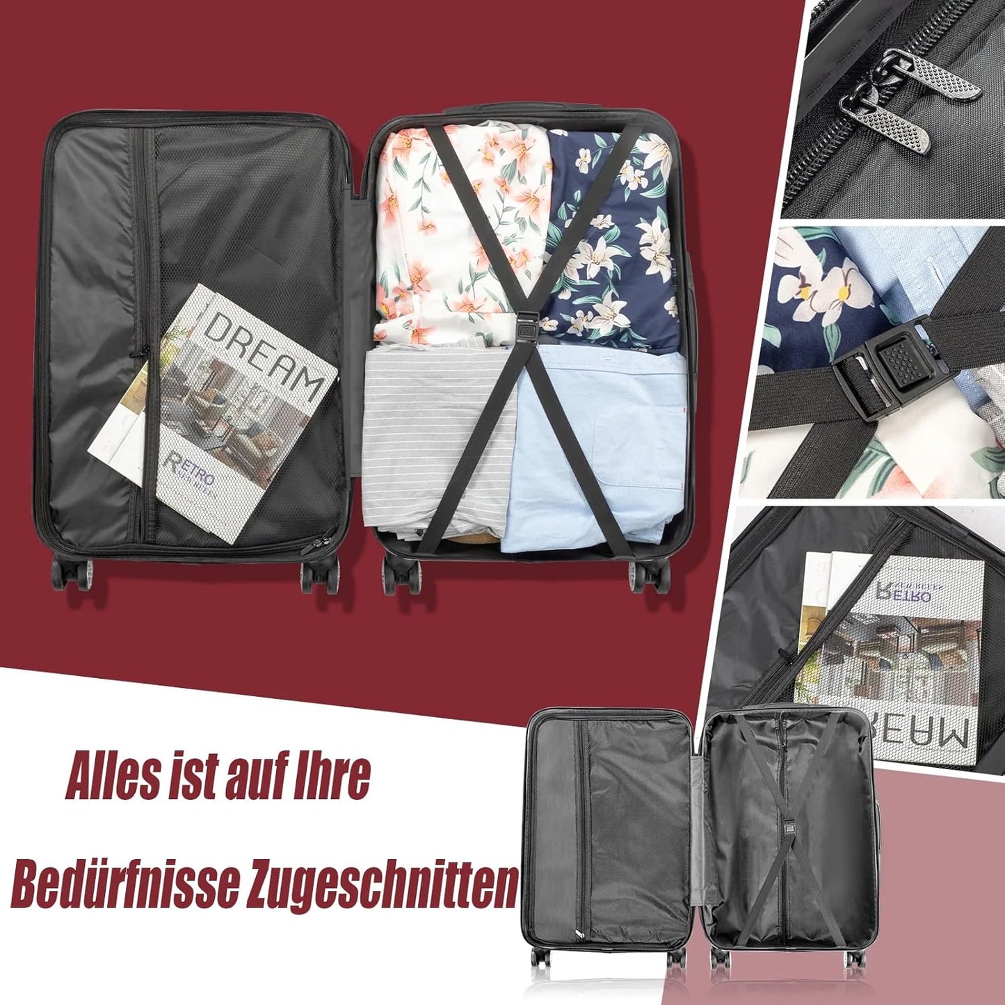 Reisekofferset mit Zahlenschloss und Teleskopgriff, Kofferset 3tlg(Mit Eckenschutz) Weinrot