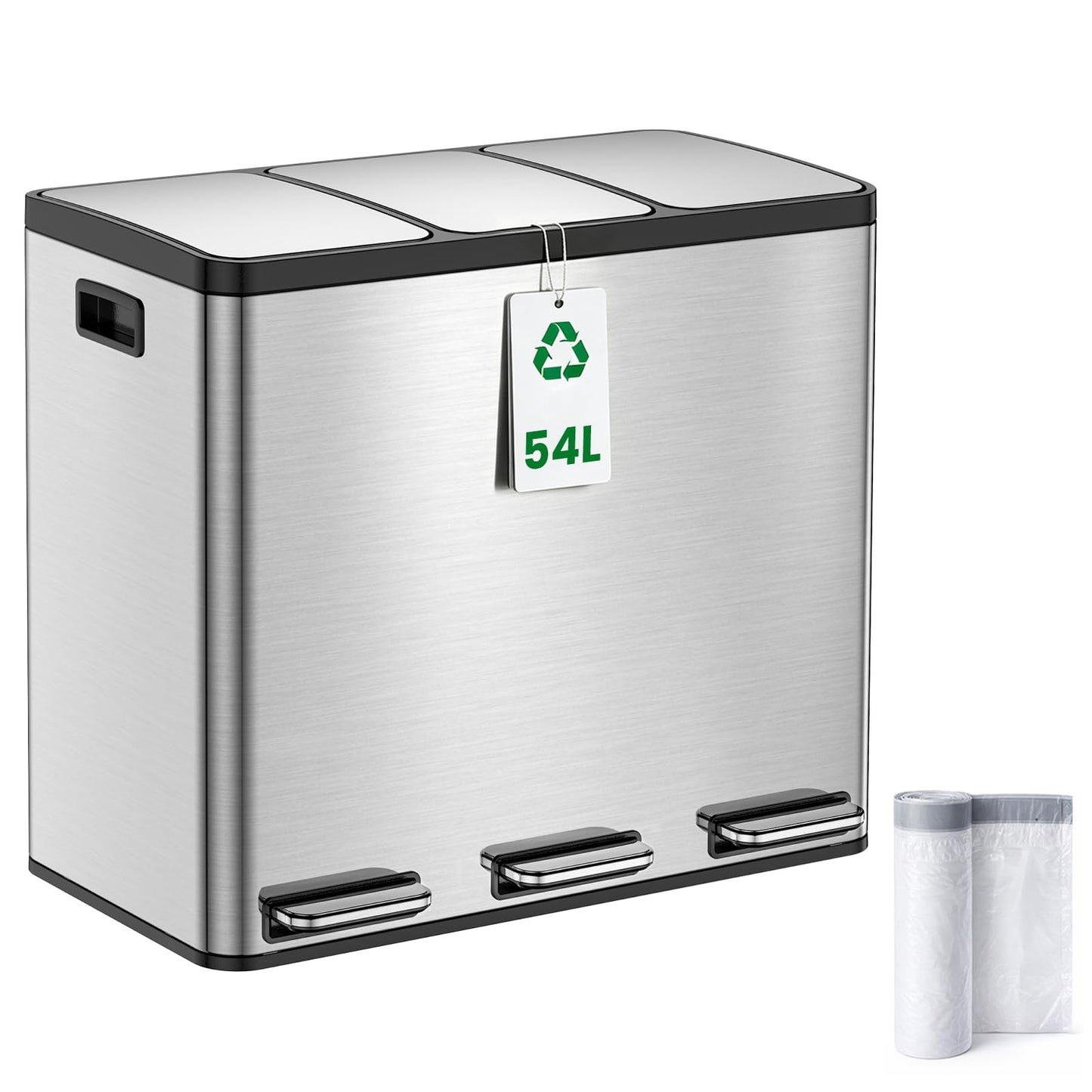 3-teiliger Treteimer mit Soft Close Deckel, Silber 54L