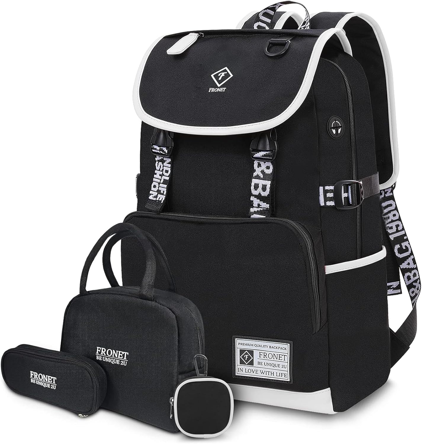 4-teiliges Schulrucksack Set, Schwarz