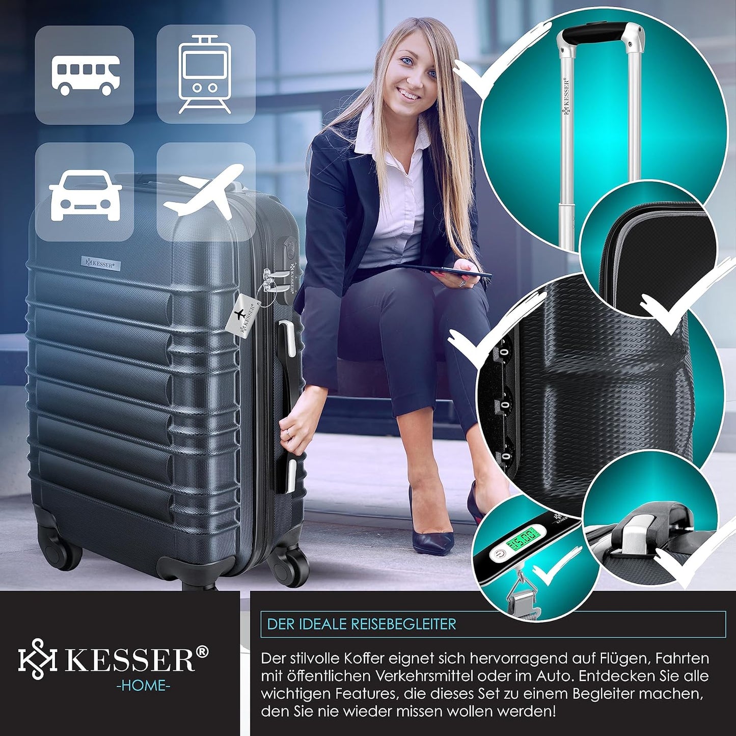 Handgepäck Reisekoffer mit Kofferwaage, Handgepäck 55cm - 55L / Anthrazit