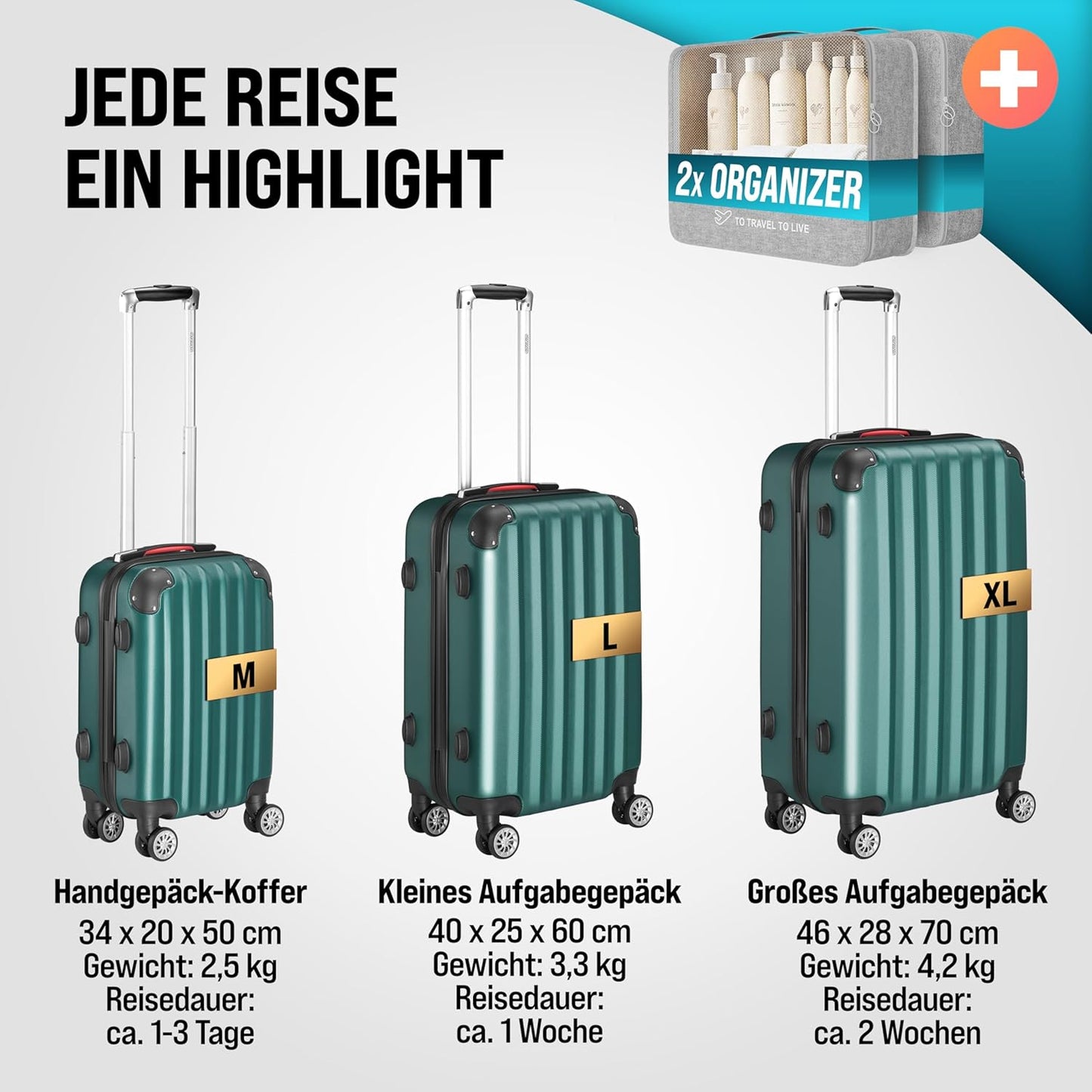 3-teiliges Hartschalenkoffer-Set mit Kofferwaage, Grün