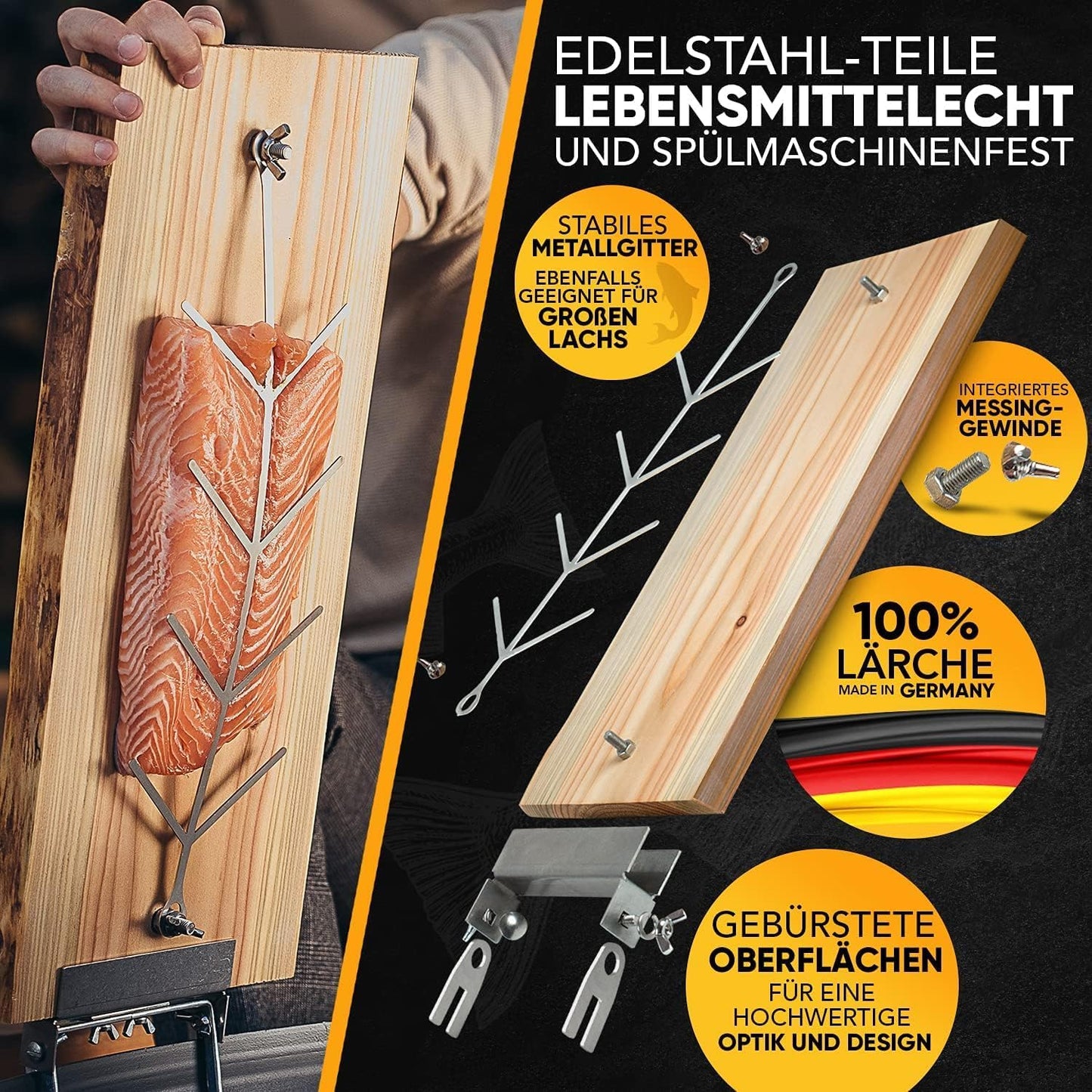 Flammlachsbrett mit Edelstahl-Halterung