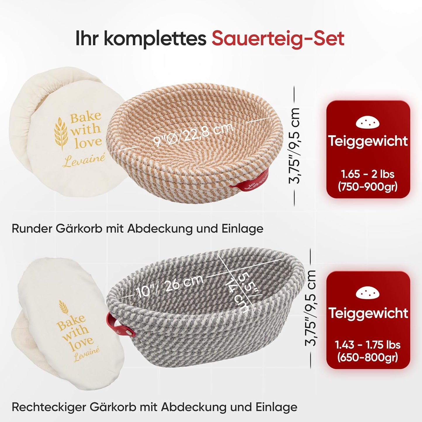 Gärkörbchen-Set, Rund Gelb/Weiss + Oval Grau/Weiss