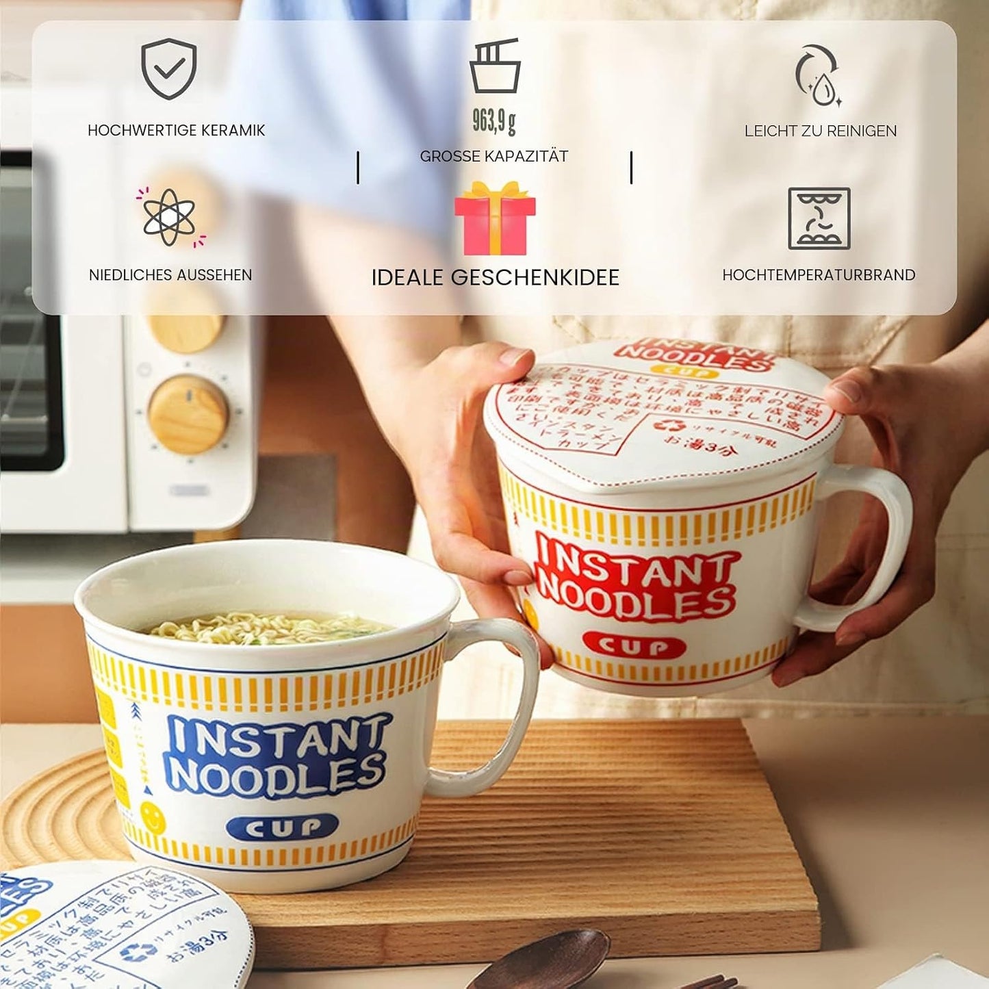 Ramen Schüssel-Set mit Deckel, 2 Stück Rot