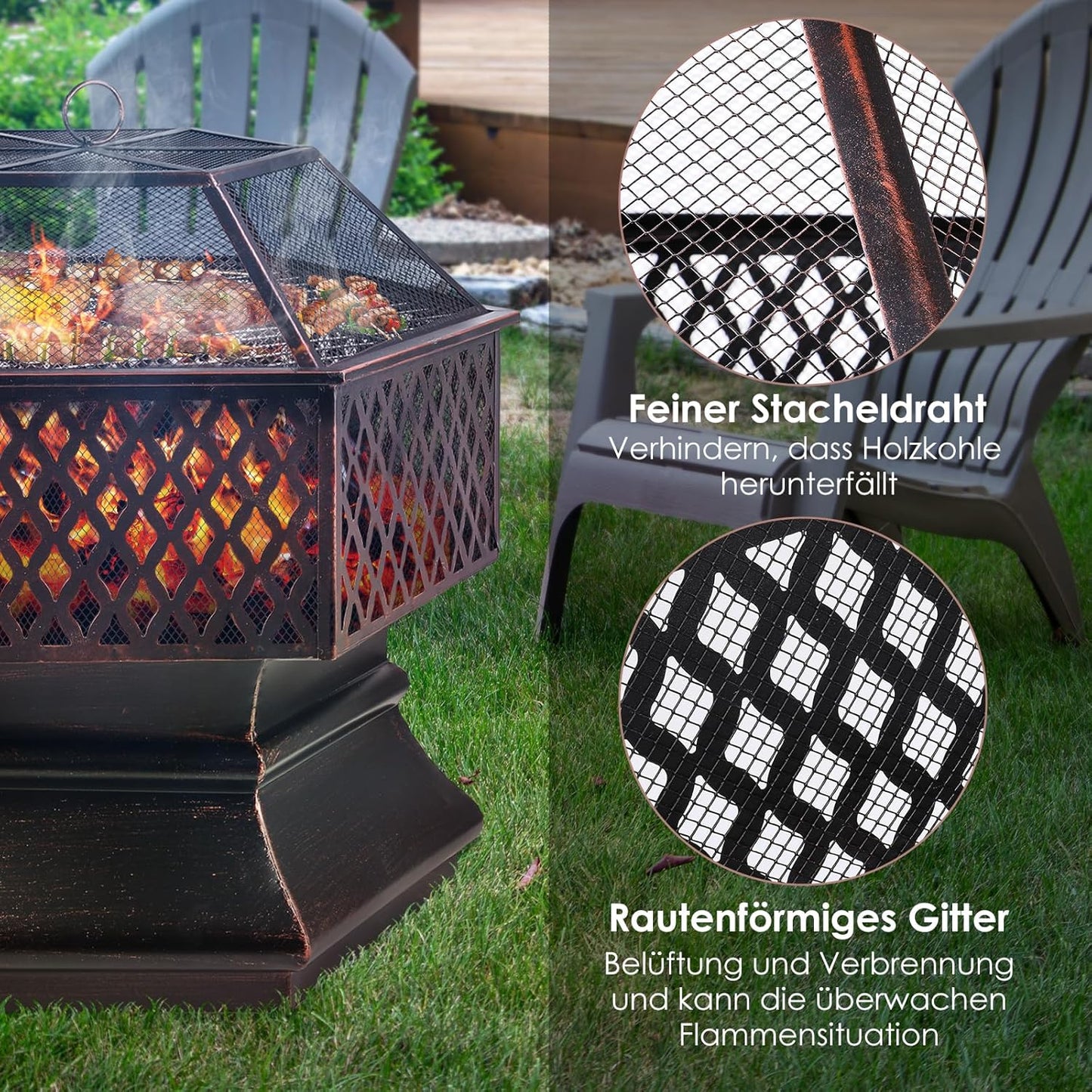 Feuerschale mit Grillrost, 26 Zoll - 66 * 66 * 63 cm