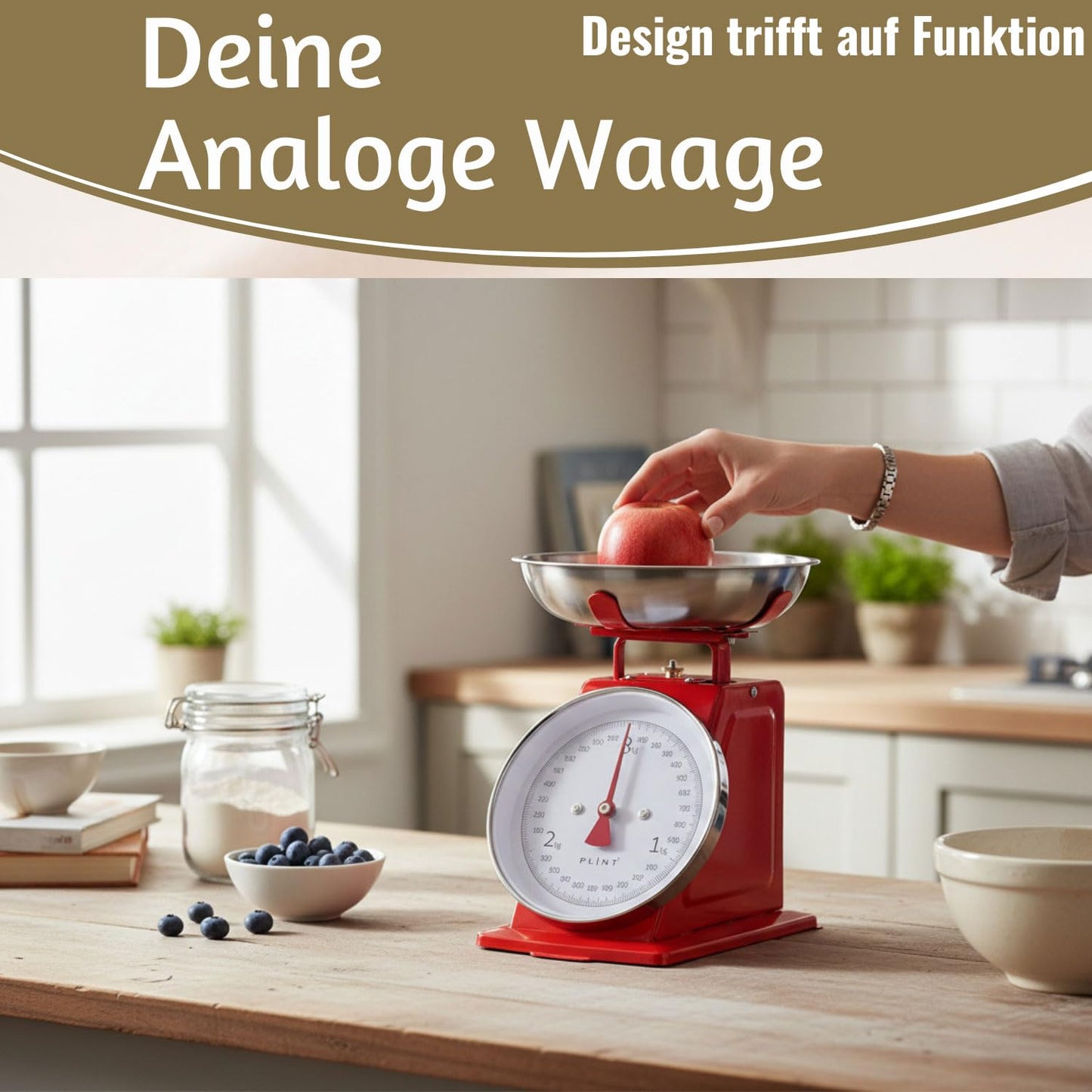 Vintage Küchenwaage mit Edelstahl-Schüssel (1L), Rot