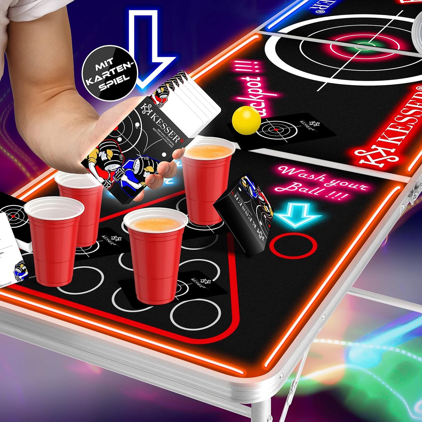 Bier Pong Tisch Set mit LED und Kartenspiel, Classic mit Led + Kartenspiel