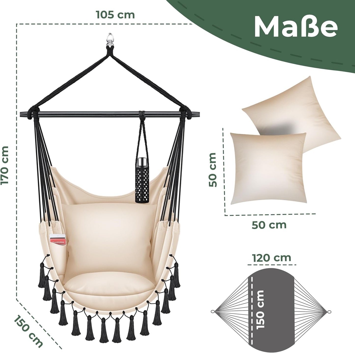 Hängesessel Safari XXL mit Aufhängung & Zubehör, Beige