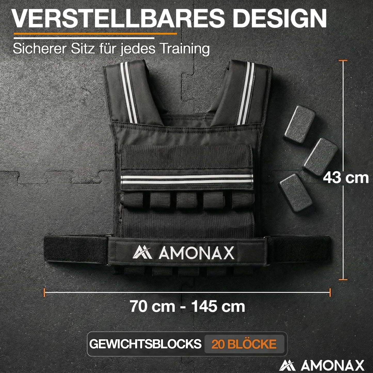 Verstellbare Gewichtsweste mit Reflektoren, 20kg, Schwarz - 20kg