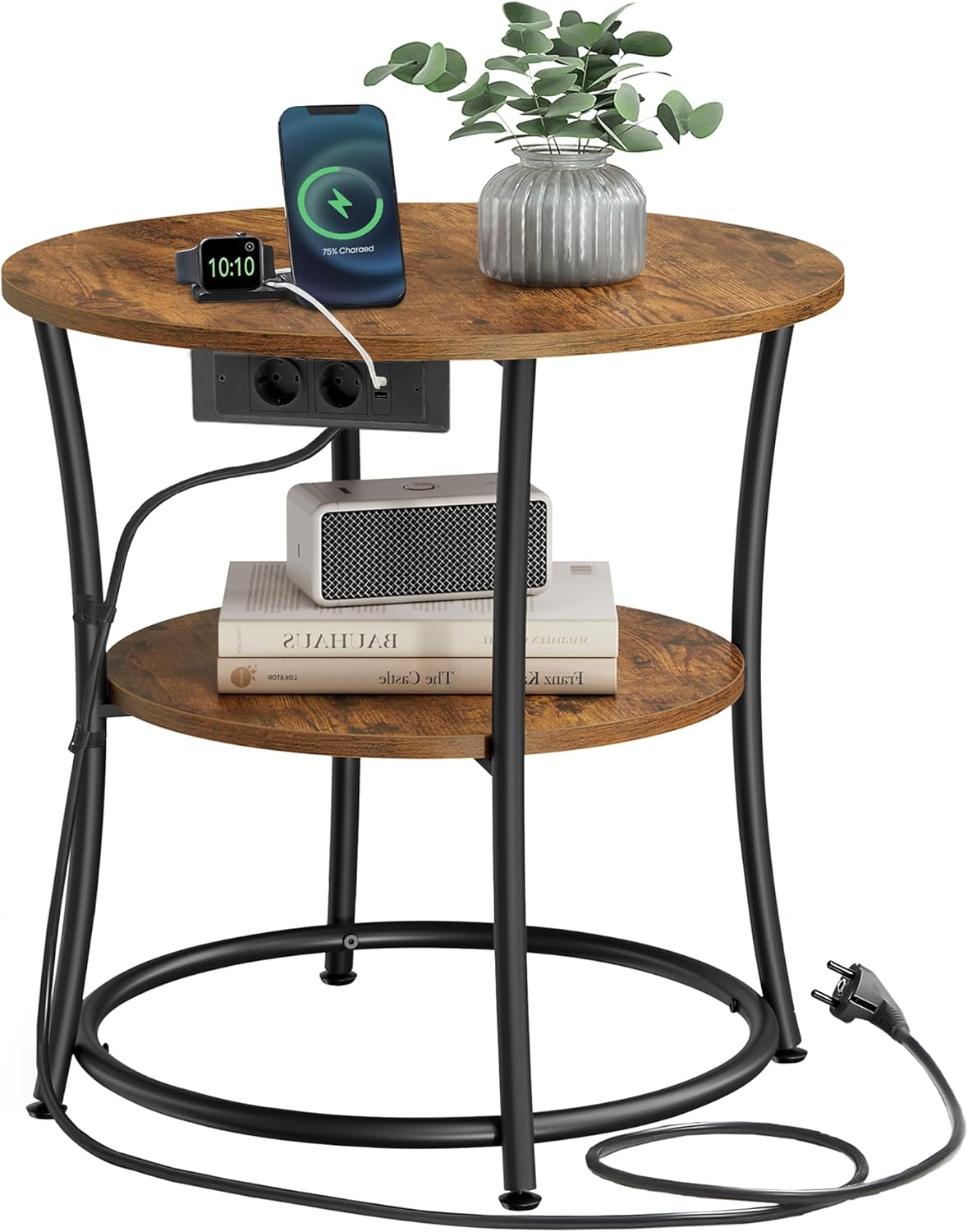 Runder Beistelltisch mit Steckdosenleiste, Vintagebraun + Tintenschwarz Mit Steckdosenleiste