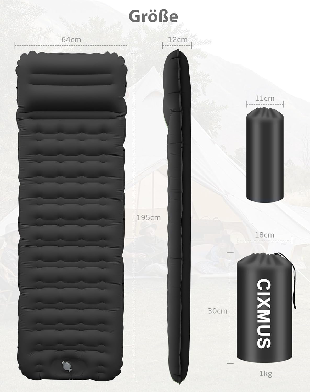 Aufblasbare Isomatte mit Fusspumpe und Kissen, Schwarz