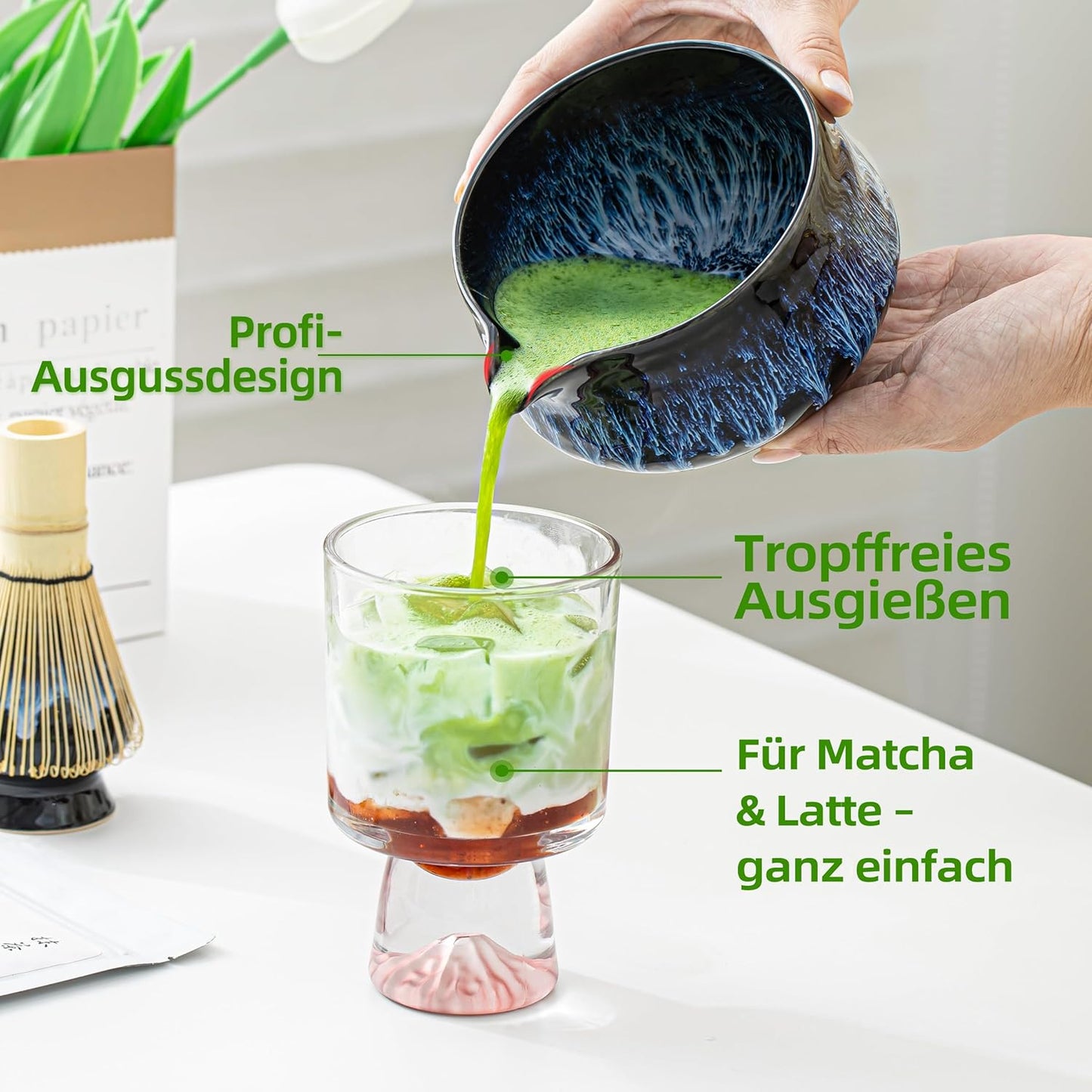 7-teiliges Matcha-Tee-Set mit Besen und Schale, 7pcs/set, Bowl with pouring spout, Junware-blau