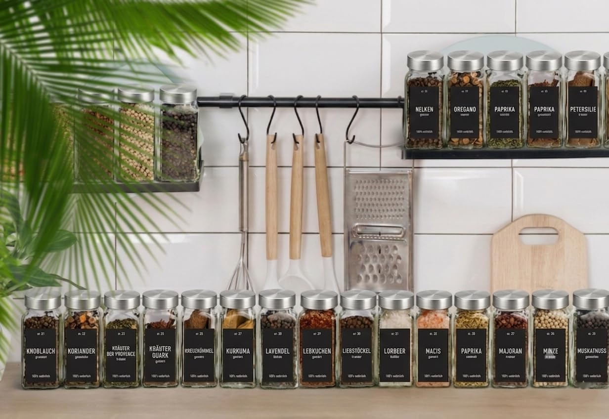 Gewürzgläser-Set mit Etiketten, 25 Stück, Edelstahl Lid