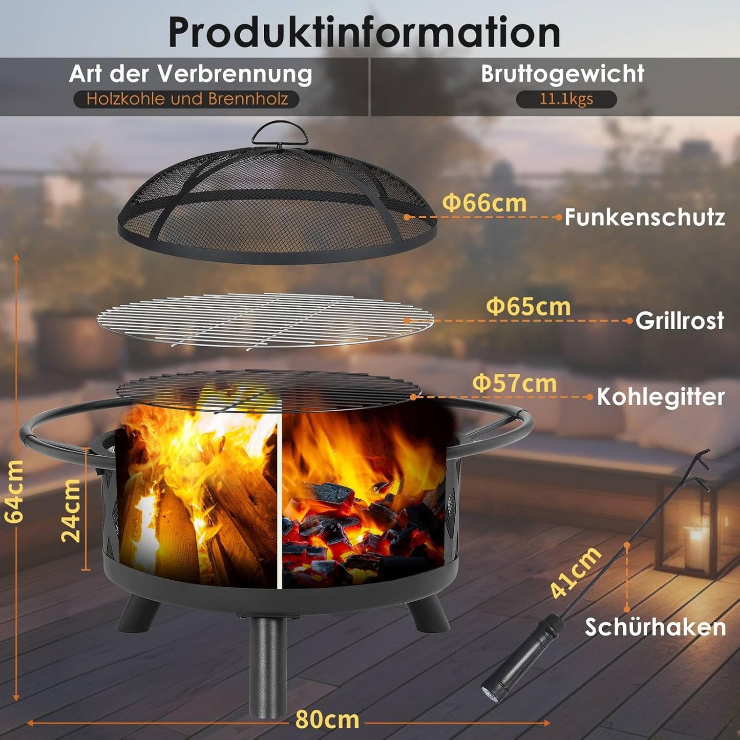Feuerschale mit Funkenschutz & Grillrost, Ø 80cm