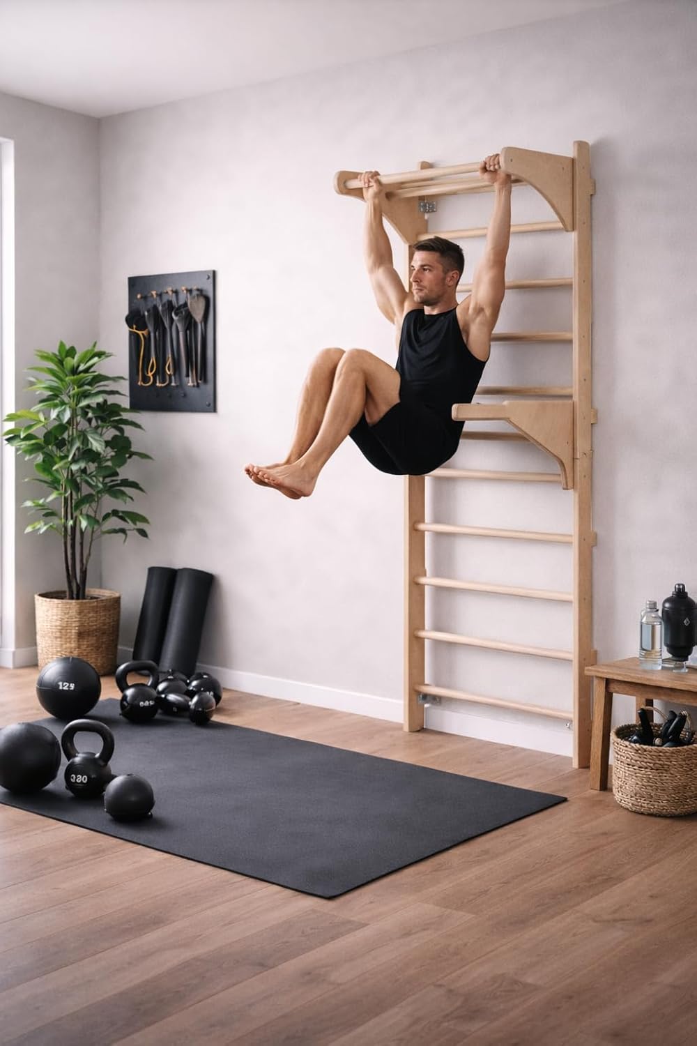 Sprossenwand mit Klimmzugstange, With Gym Rings + DIP