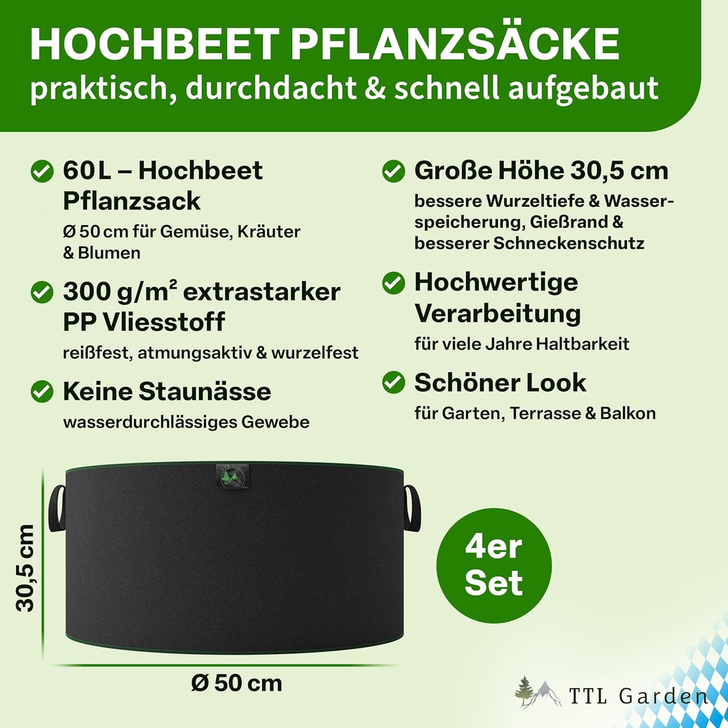 4er-Set Pflanzsack für Garten & Balkon, 60 Liter Hochbeet 4