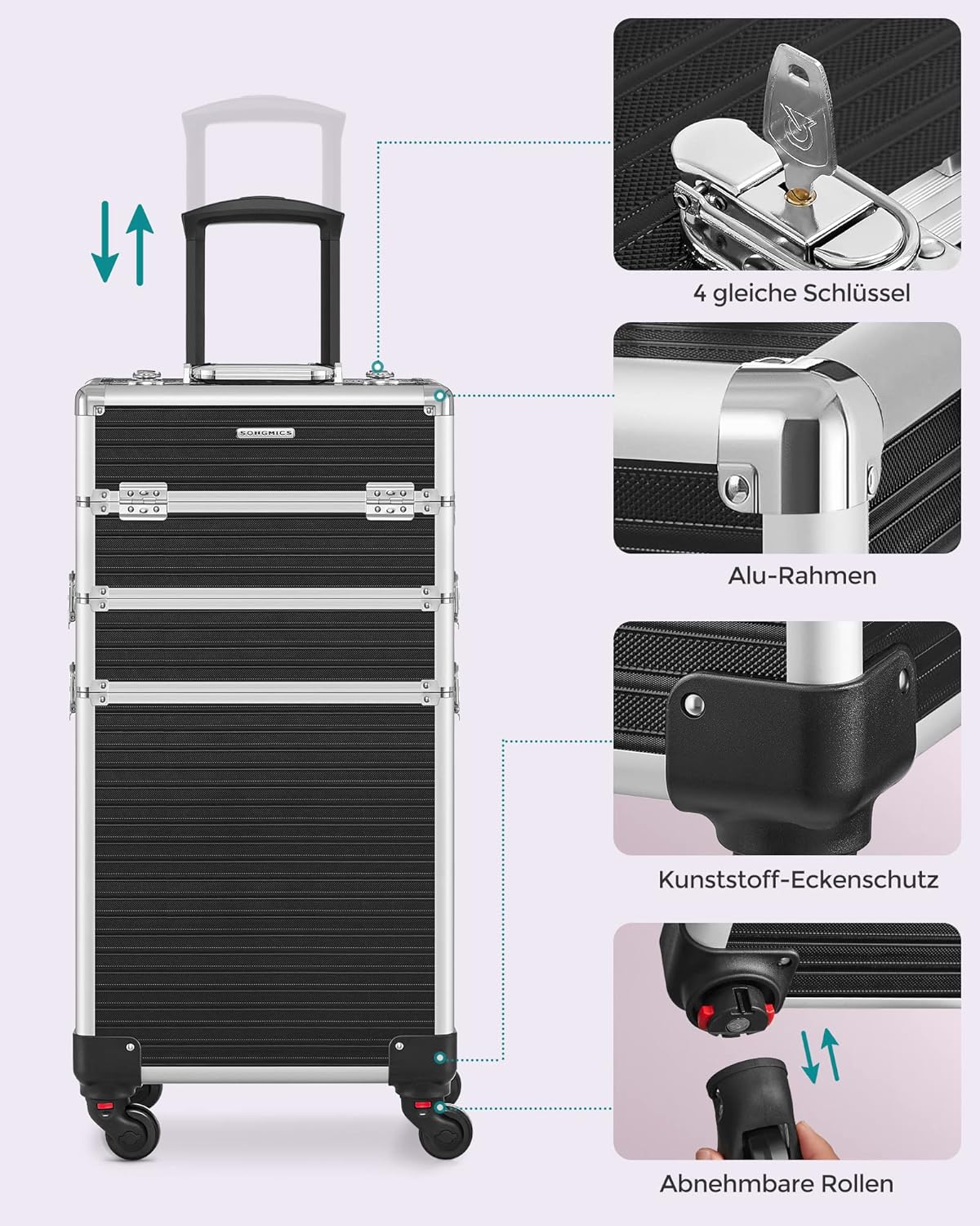 3-in-1 Kosmetikkoffer Trolley mit 360° Rollen, JHZ014B01, Schwarz 3 in 1 (34 x 24 x 70,5 cm)