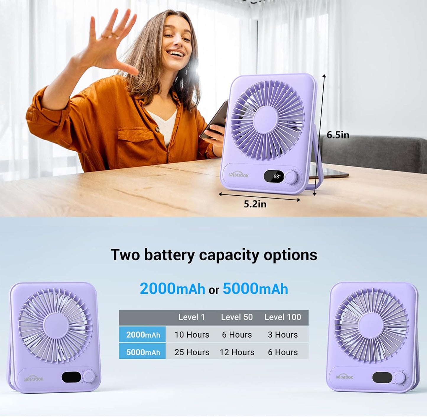 Leiser USB-Tischventilator, 2000mAh Lila