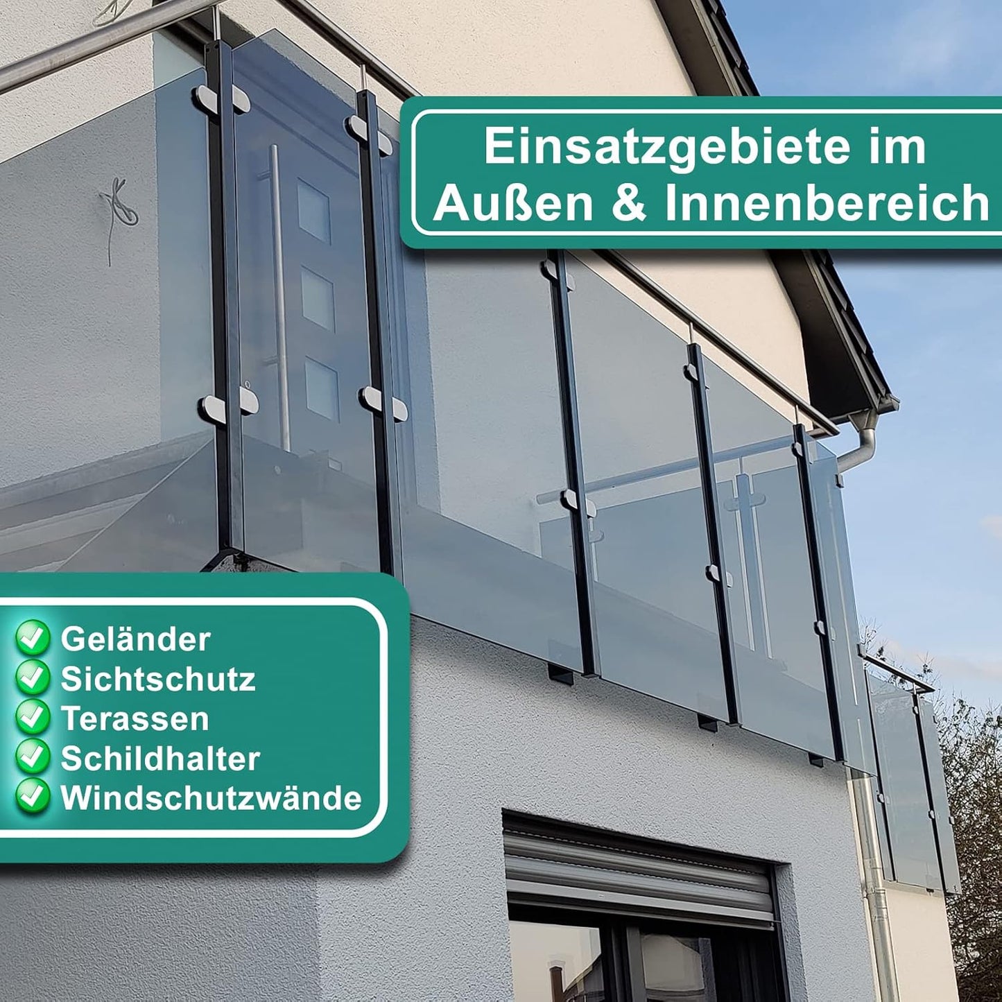 4-teiliges Glashalter-Set für Geländer, FLACH | 8,76mm Glas