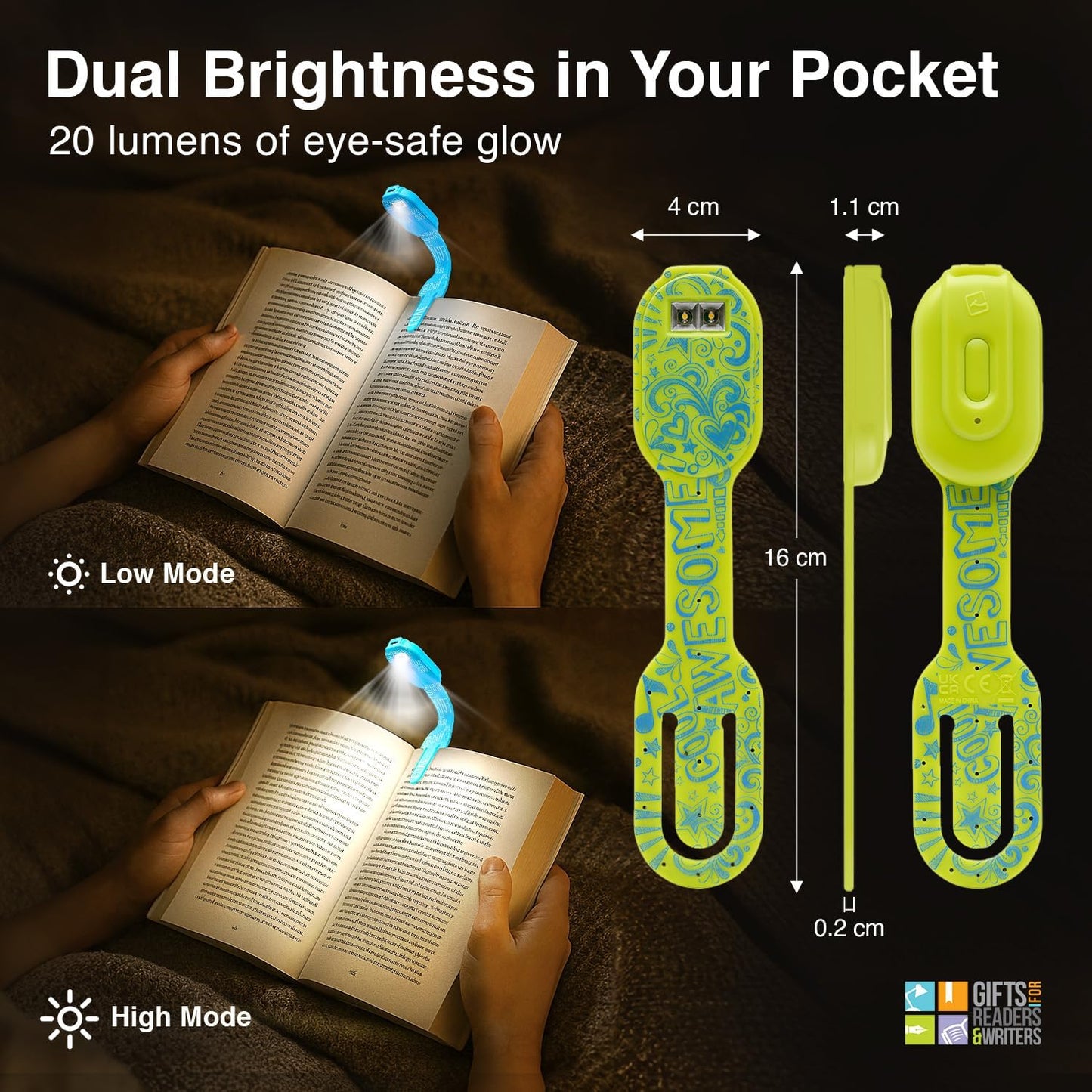 Flexilight 2-in-1 Clip On Leselampe & Lesezeichen, wiederaufladbar, Awesome
