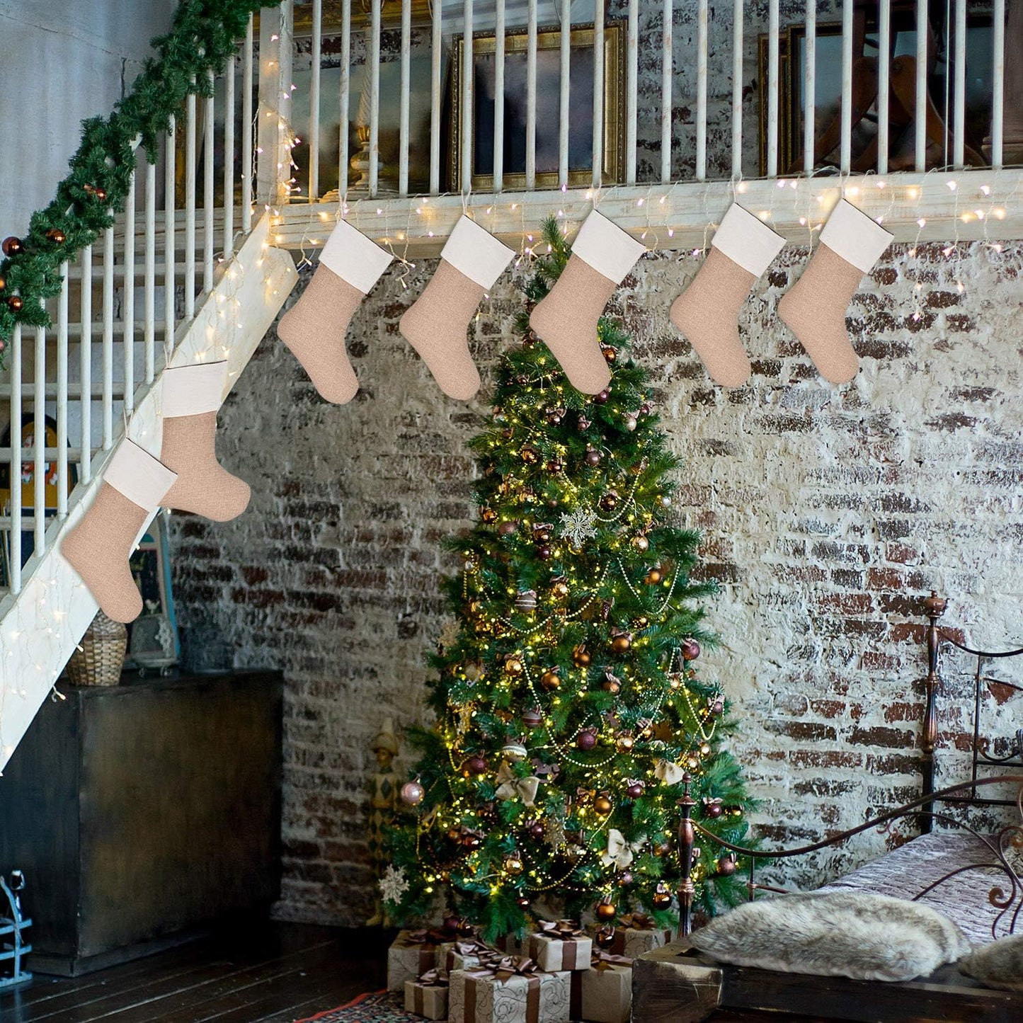 7 Stück Weihnachtsstrümpfe zum Befüllen & Aufhängen, Flachsfarben 7