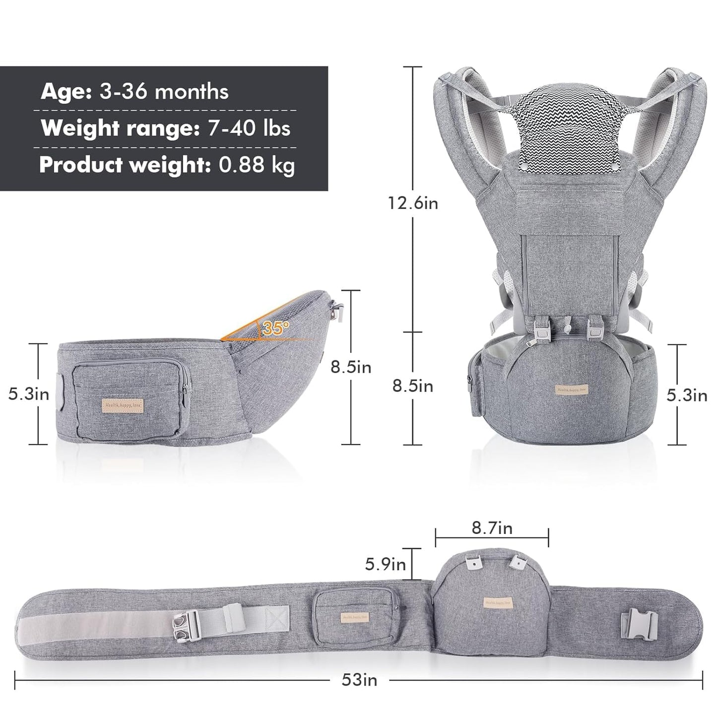 Ergonomische 9-in-1 Babytrage für Neugeborene, Grau