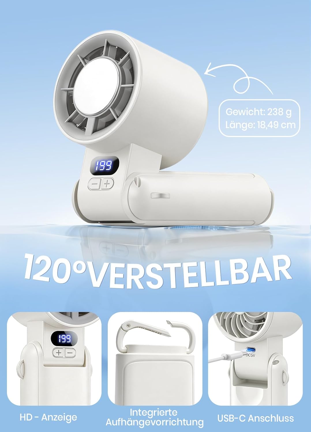 Handventilator mit LED-Display & Clip, Weiss