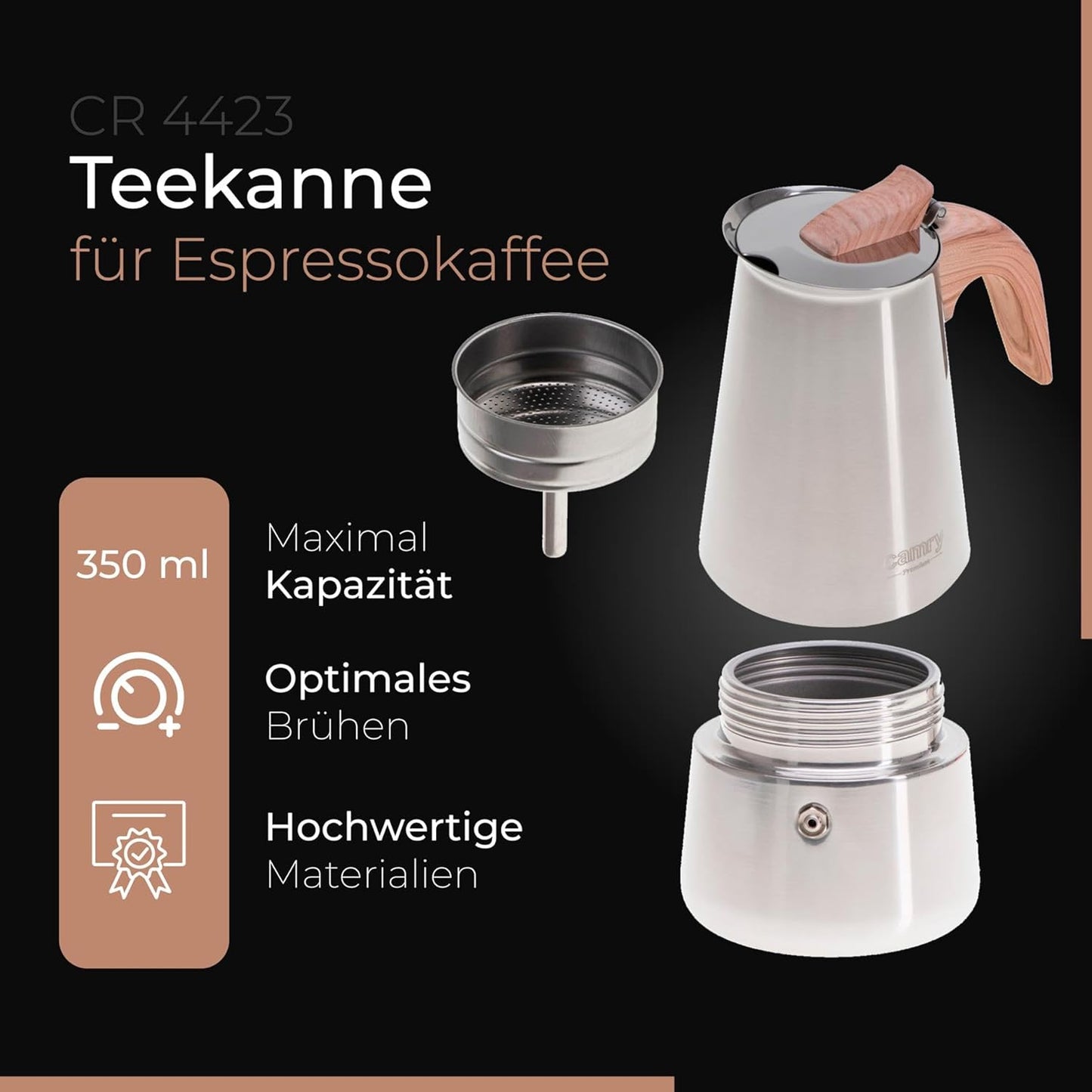 Espressokocher Induktion für 5-6 Tassen, Edelstahl, Stahl/Holz 350ml
