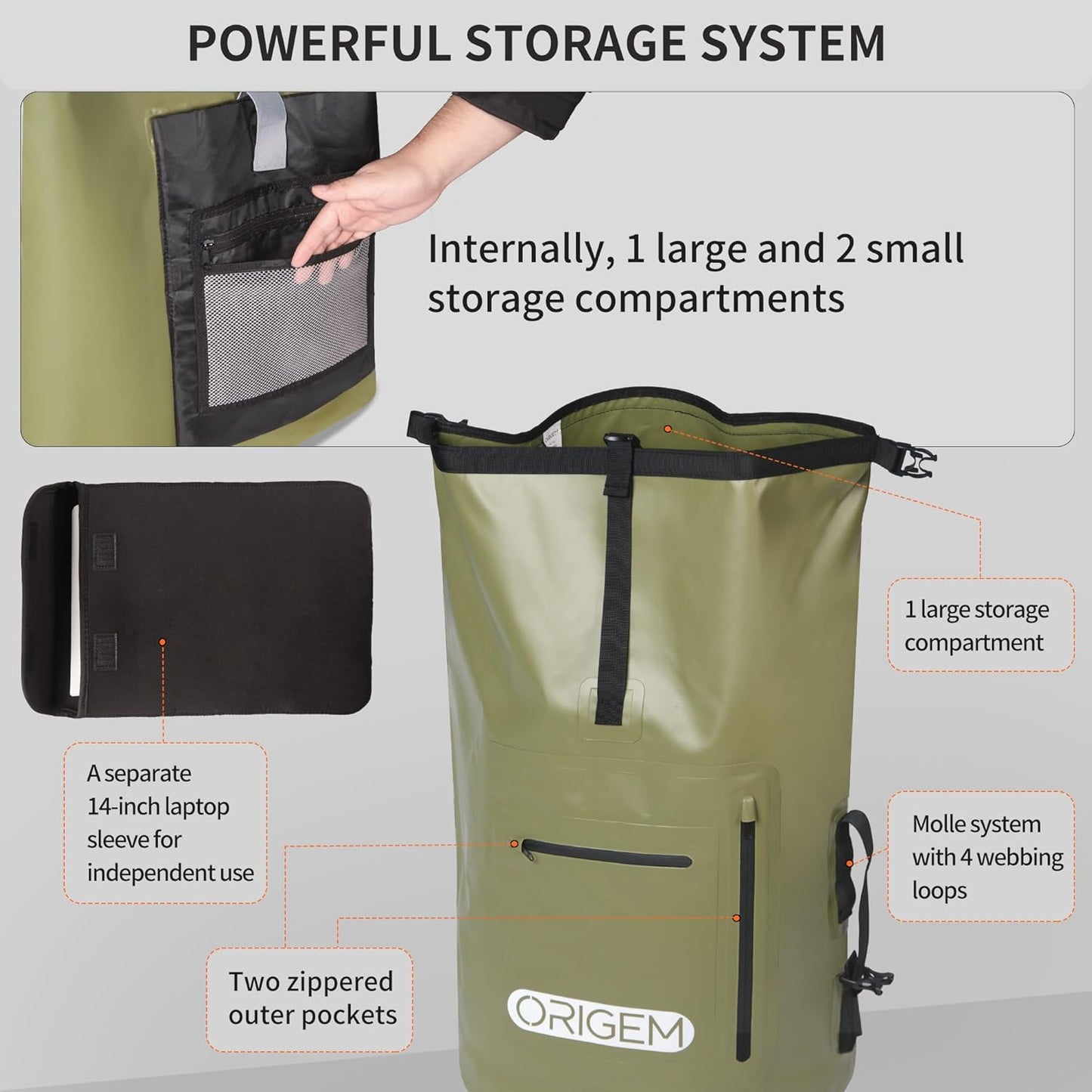 Wasserdichter Rolltop-Rucksack, 55 Liter, Armeegrün 55L