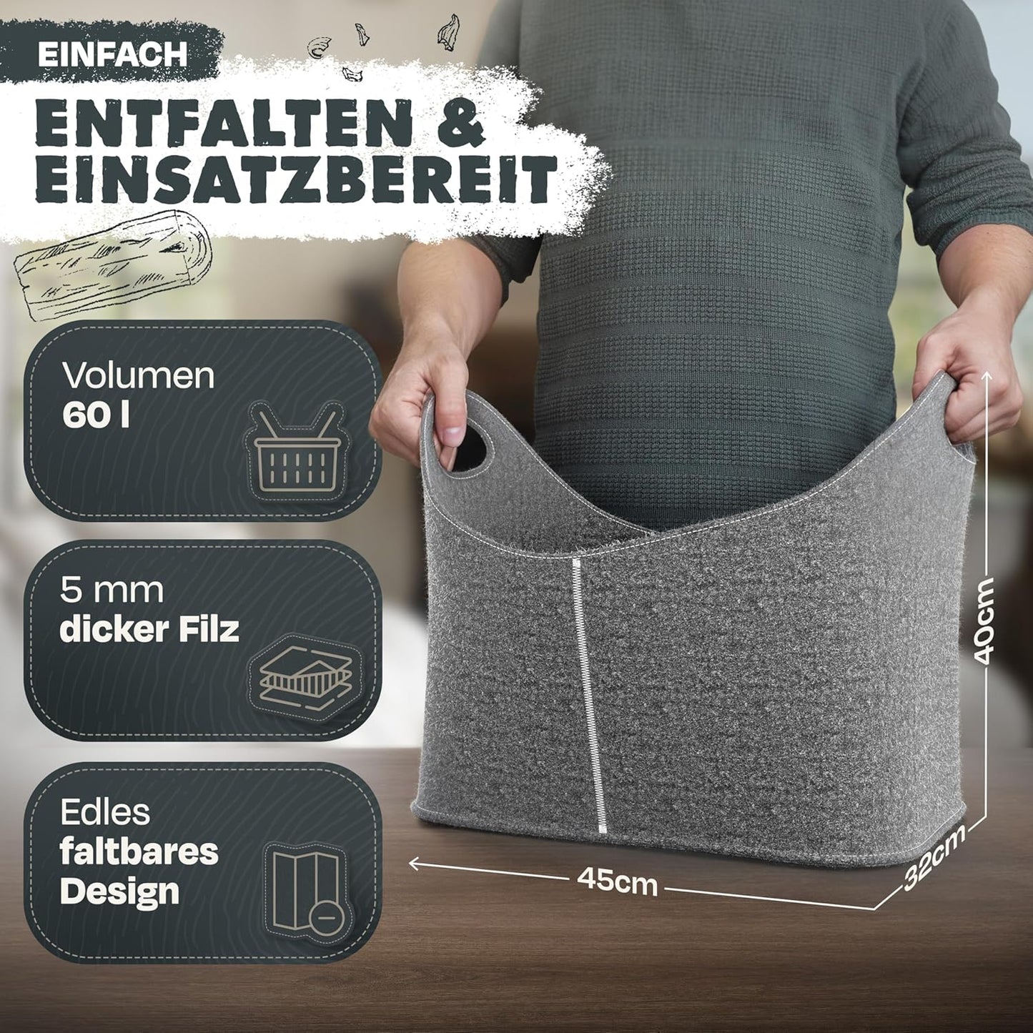 XXL Filzkorb für Kaminholz, Hellgrau