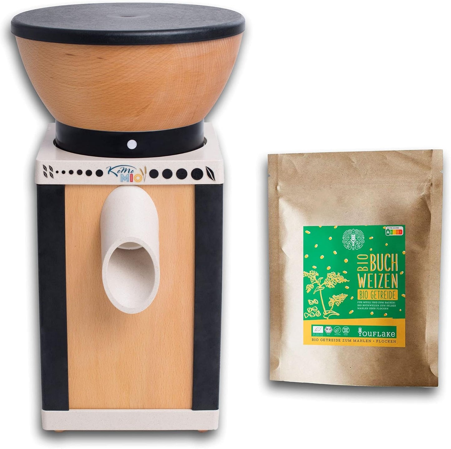 Getreidemühle mit Bio-Buchweizen, 2.5 kg, KoMoMio Schwarz + 2,5 kg Bio Buchweizen
