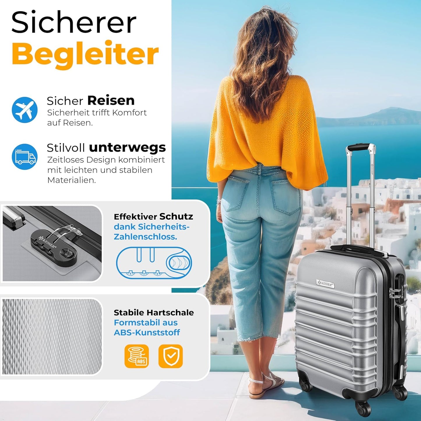 Hartschalenkofferset mit Trolley und Kofferwaage, Silber