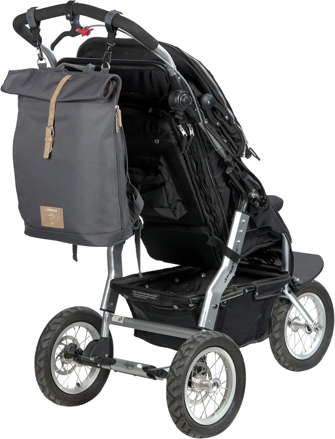 Rolltop Wickelrucksack mit Kinderwagenbefestigung, Dunkelgrau