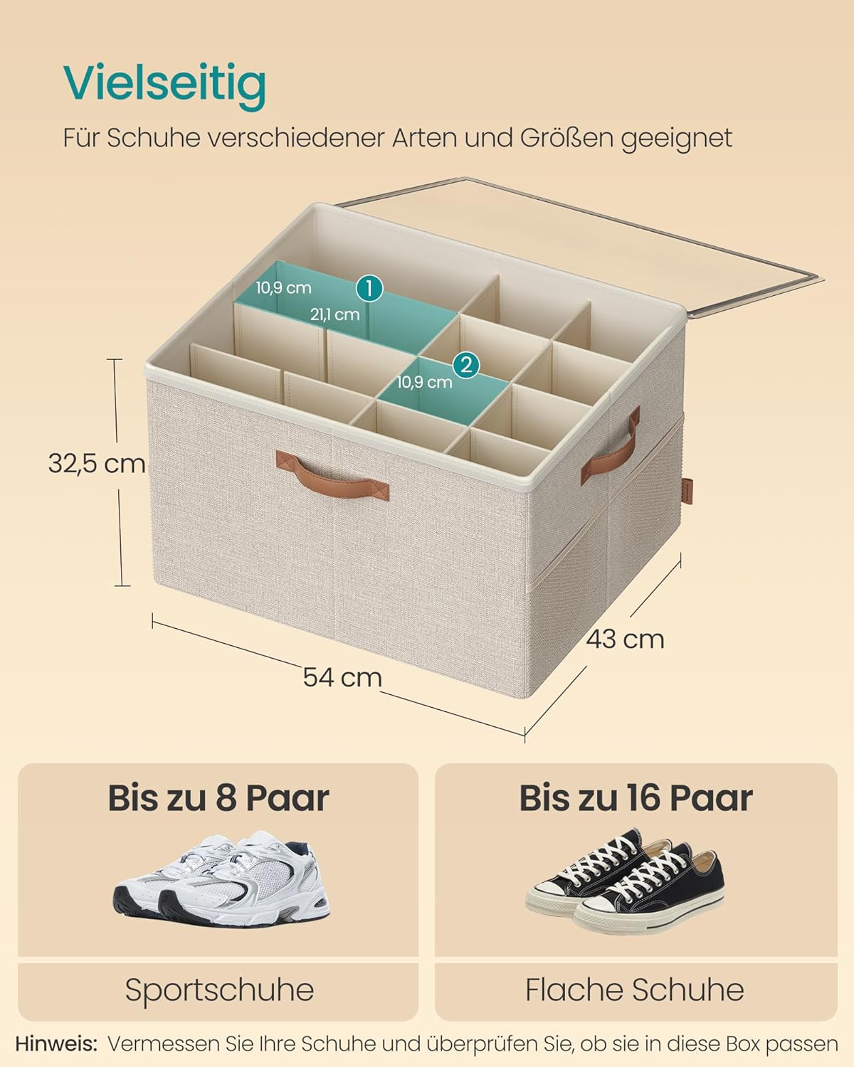 Schuh-Organizer für 16 Paar, transparentes Design, Cappuccinobeige