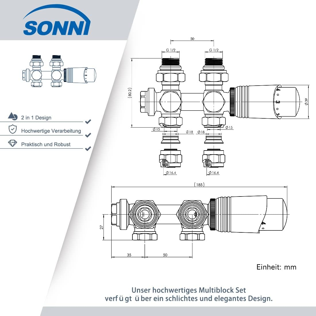 Multiblock 2-in-1 für Heizkörper-Anschlussarmatur, Weiß