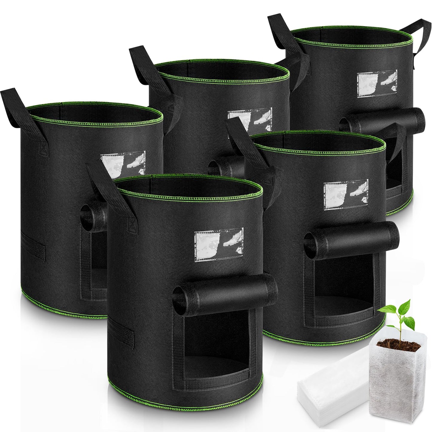 Pflanzsack-Set mit Sichtfenster, 5 Stück, 40L mit 60Pcs klein Pflanzbeutel