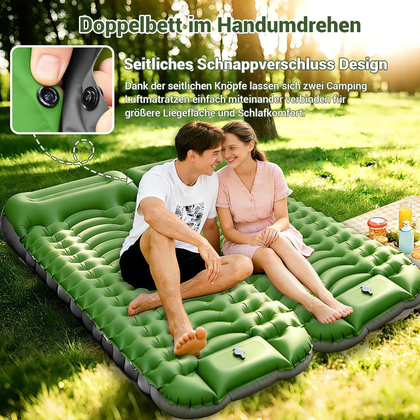 Aufblasbare Camping-Isomatte mit Fusspumpe, Grün + Grau / Einzel