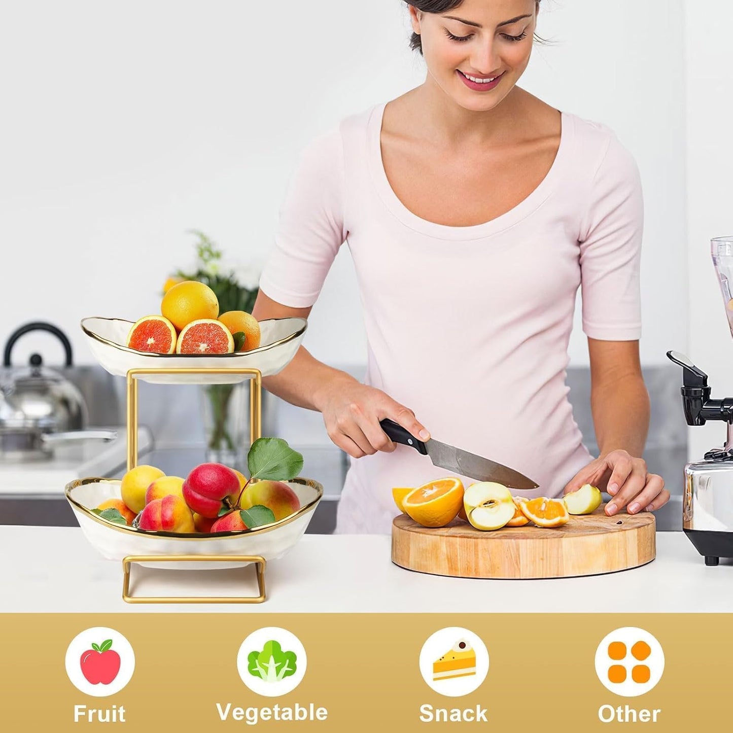 2-stöckige Keramik Obst Etagere mit Metallständer, Gold-weiss-2schale