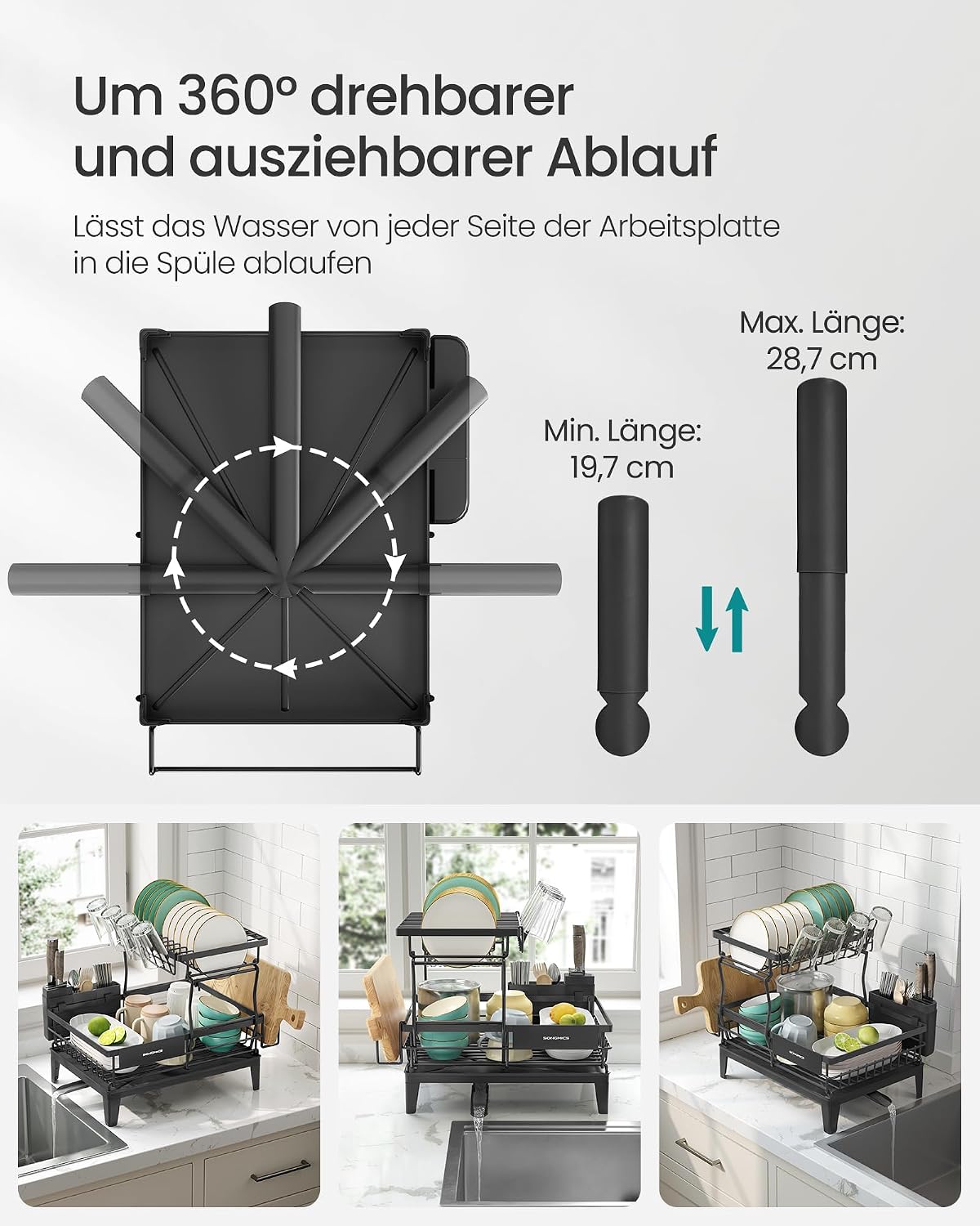 2-stufiger Geschirr-Abtropfständer mit Besteckhalter, Tintenschwarz 2 Stufiger