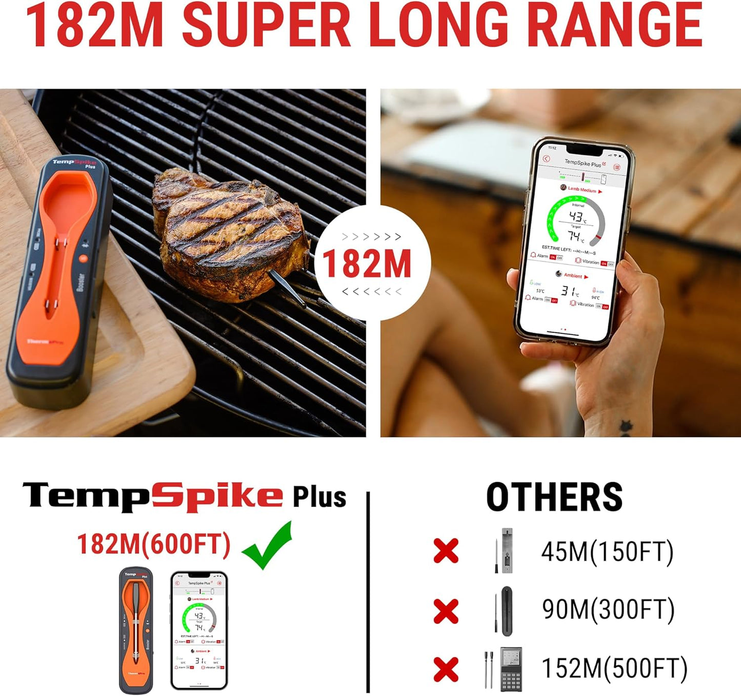 Kabelloses Fleischthermometer TempSpike Plus mit Bluetooth-App, Orange-180M-Dünne Sonde