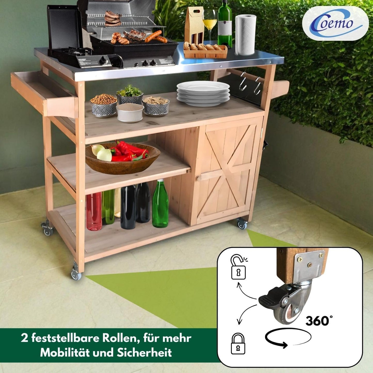 Servierwagen mit Edelstahltop, 118 x 47 x 92 cm Braun