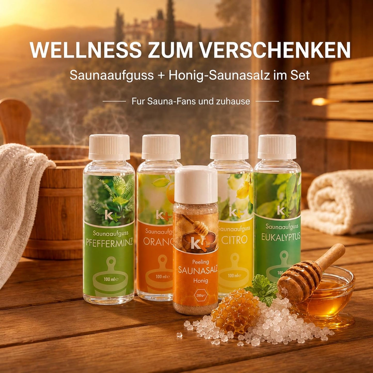 Saunaaufguss Geschenkset Toskana mit Honig Peeling, 4x100ml, Toskana