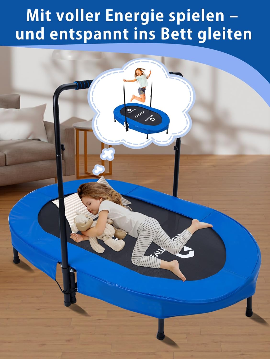 Indoor Trampolin für 2 Personen, Dunkelblau mit Griff