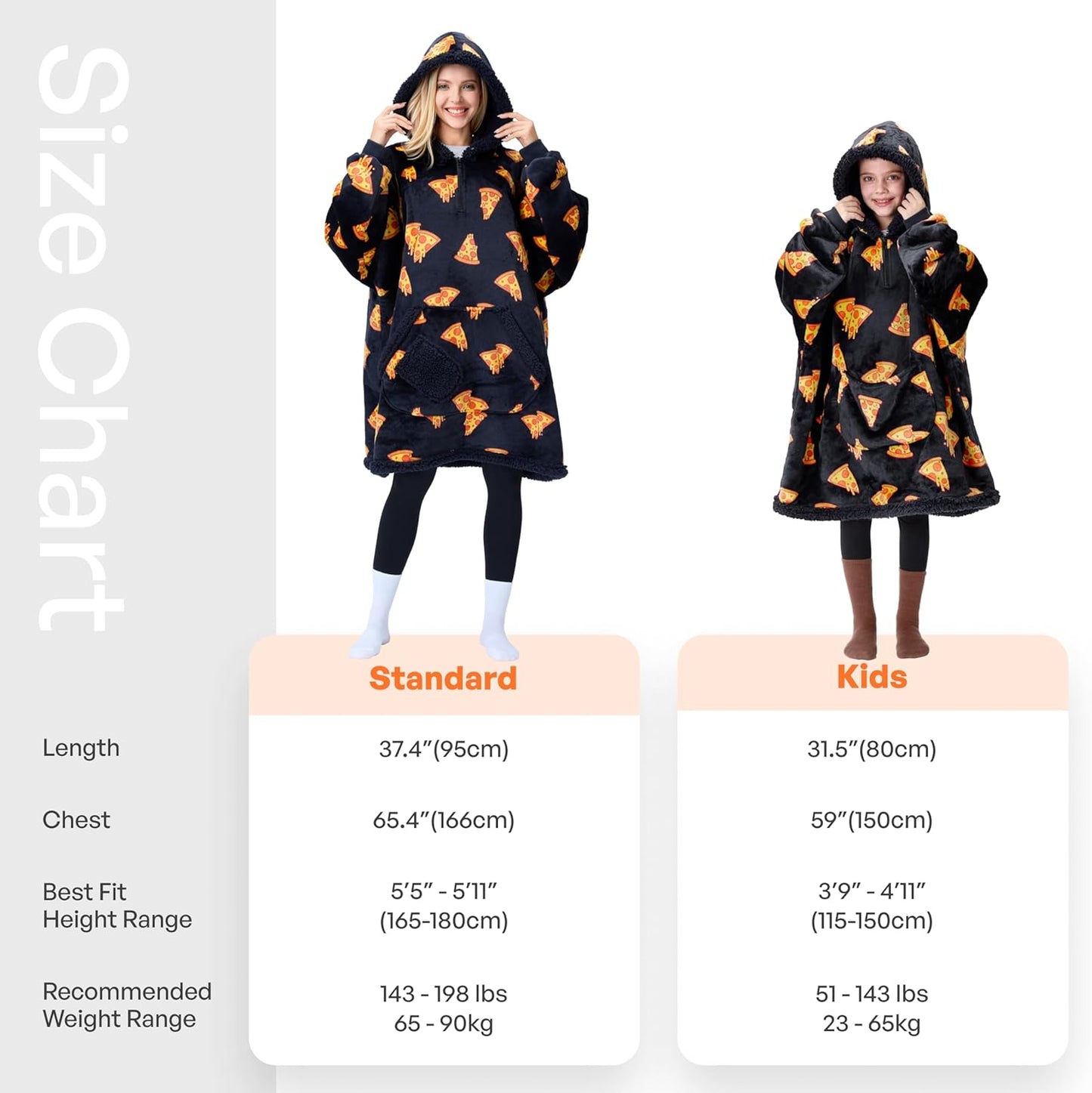 Tragbare Decken Hoodie aus Flanell Sherpa Fleece, Schwarze Pizza
