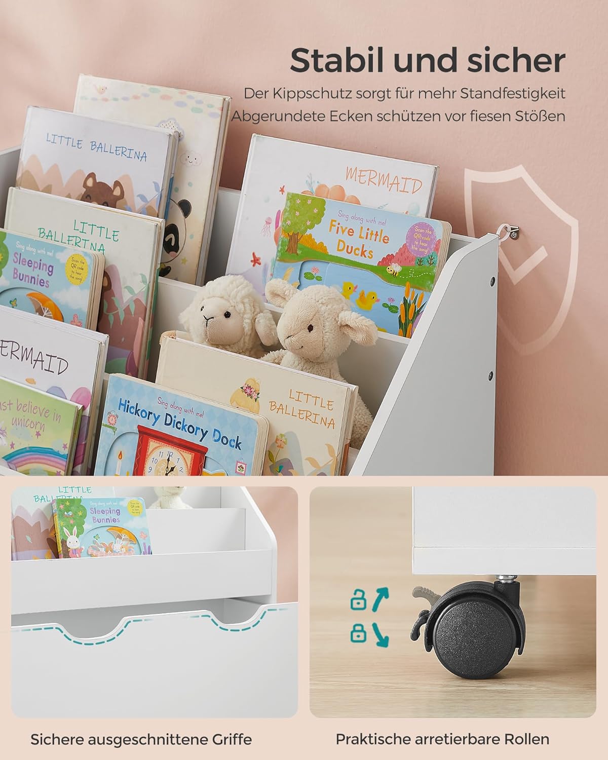 Kinder-Bücherregal mit Aufbewahrungsboxen auf Rollen, Weiss