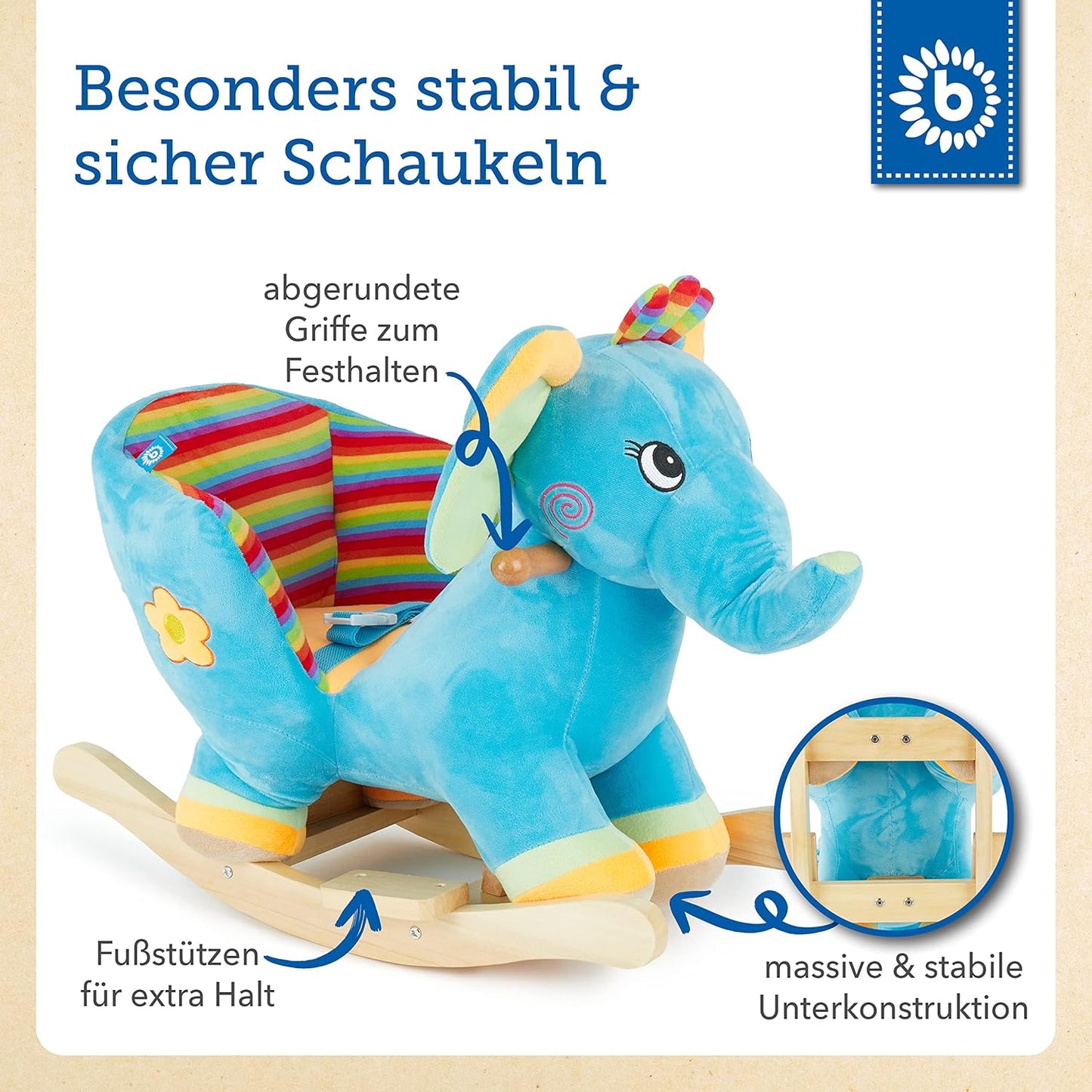 Plüsch-Schaukeltier Elefant, Mehrfarbig